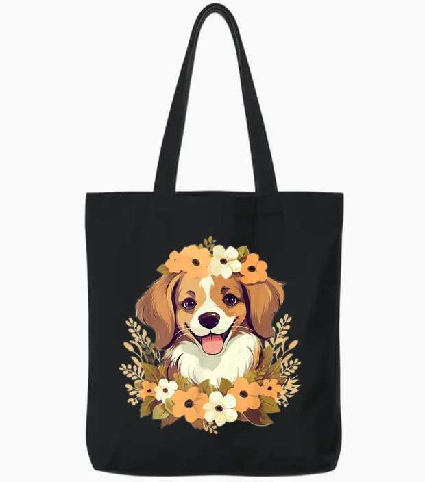 Niedlicher Hund Mit Blumen I Kids Dog Tote Bags in Black