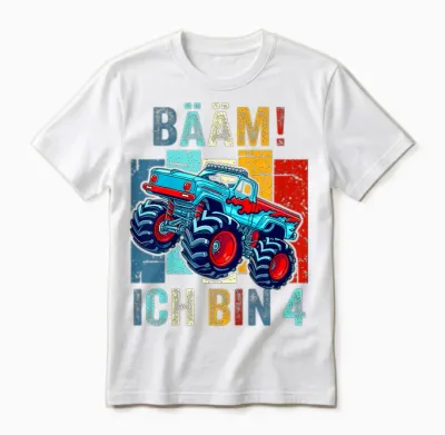 Children's 4 Years Boy Birthday Four Monster Truck Bäm! I Am 4 T-Shirt, Black Unisex T-Shirt - White