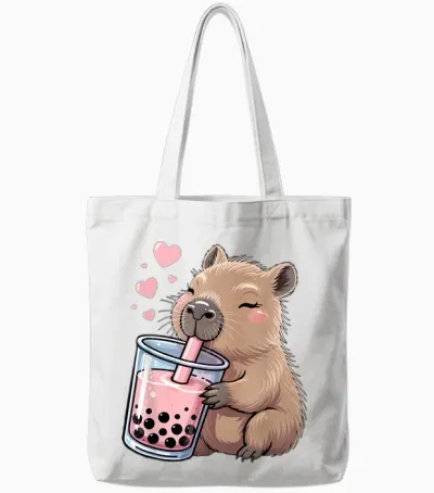 Kawaii Capybara Drink Bubble Tea Lover Girls Tote Bags - White