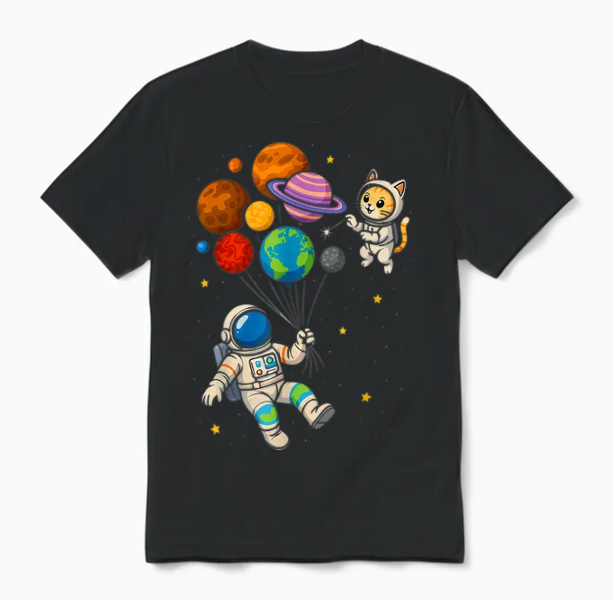 Lustiger Astronaut Hält Planeten Weltraum Katze Jungen Mädchen Kinder Unisex T-Shirt in Black