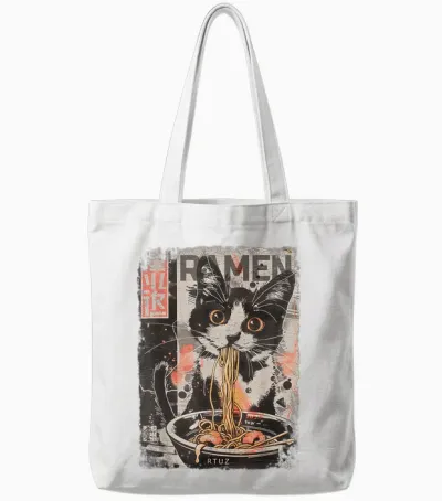 Cat Ramen Noodle Japanese Anime Manga Ramen Kawaii Cat T-Shirt, Black Tote Bags - White