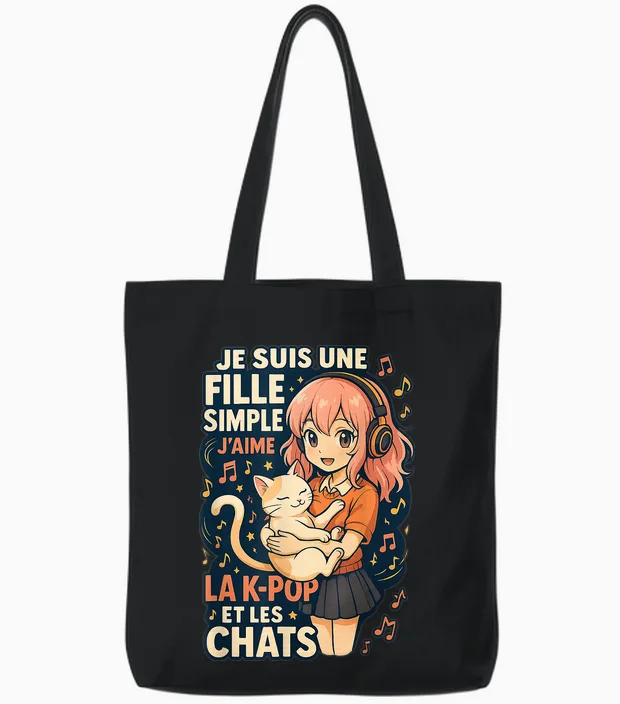 Girl K-Pop and Cats Manga Humor Music Cute T-Shirt, Black, S Tote Bags in Black