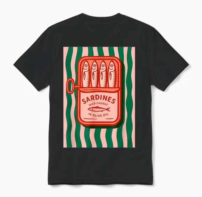 Retro Graphic Summer Fish Tin Sardines for Men Women Unisex T-Shirt in Black