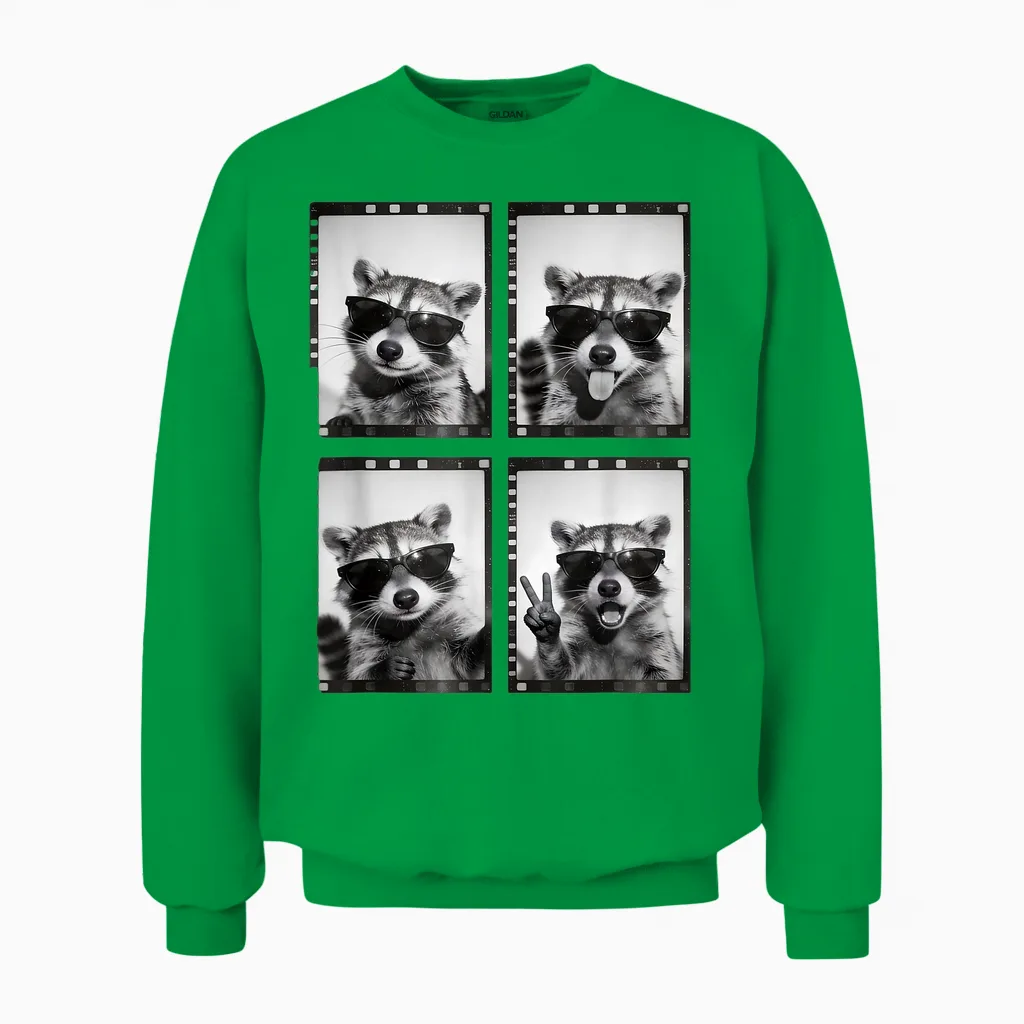 Lustiger Waschbär Photobooth Retro Film Strip Sonnenbrille Meme Unisex Sweatshirt in Irish Green