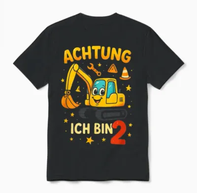 T-Shirt with German Text "excavator Birthday Achtung Ich Bin 2 Unisex T-Shirt - Black