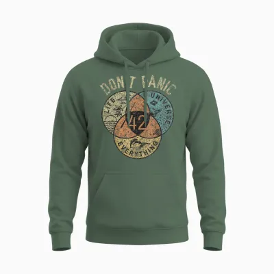 42 Answer to Life, the Universe and Everything No Panic T-Shirt, Black Unisex Hoodie - Military Green