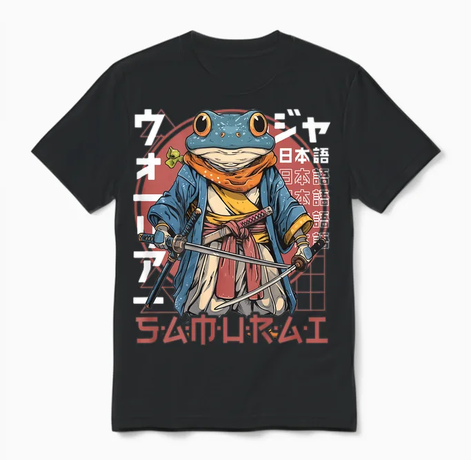 Japanese Samurai Frog Warrior Ukiyo Samurai Toad with Printed Print T-Shirt, Black Unisex T-Shirt in Black