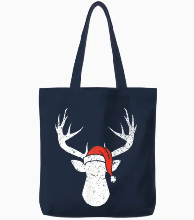 Deer with Santa Hat Christmas Pajama Hunting Gift Tote Bags - Navy