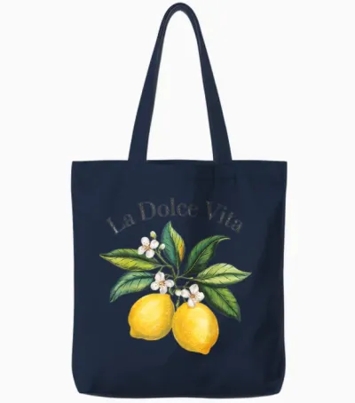 La Dolce Vita Lemon Italian Summer Limoncello Amalfi Coast T-Shirt, White, S Tote Bags - Navy