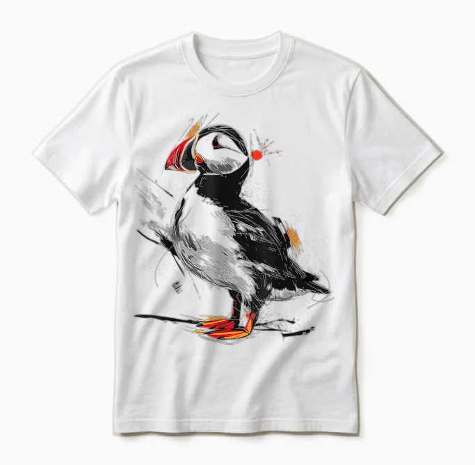 Puffin Animal Print Graphic Drawing Illustration Abstract Puffin T-Shirt, White, S Unisex T-Shirt in White