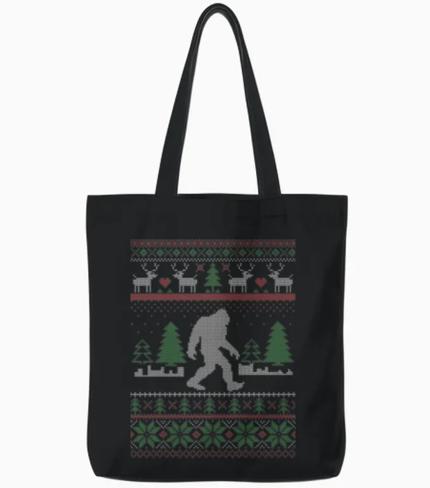 Sasquatch Ugly Christmas Tote Bags in Black