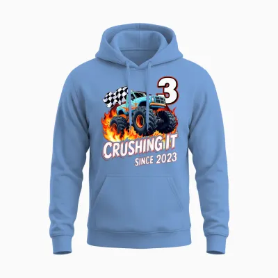 Kids 3rd Birthday Monster Truck 3 Year Old Boys Born 2023 Unisex Hoodie - Carolina Blue