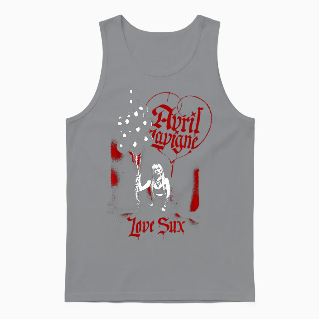 Official Avril Lavigne Love Sux Balloons T-Shirt, Black Unisex Tank Top in Sport Grey