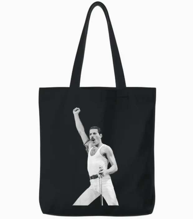 Freddie Mercury Queen Live Aid Wembley Stadium 1985 Tote Bags in Black