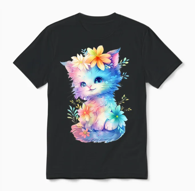 Baby Cat with Flowers Cute Cats Kitten Girls Daughter T-Shirt, White Unisex T-Shirt in Black