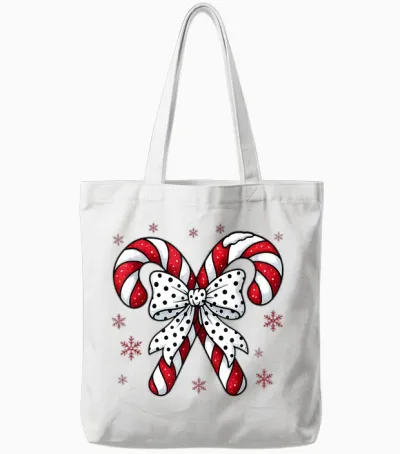 Candy Cane Christmas Season Girls Womens Retro Coquette Bow Tote Bags - White