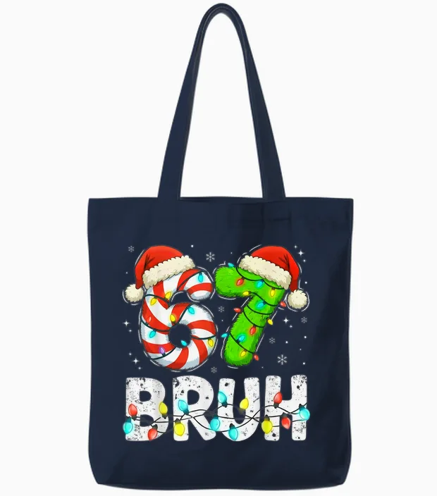 Christmas 67 Bruh Six Seven 6 7 Meme Funny Boy Girl Tote Bags in Navy