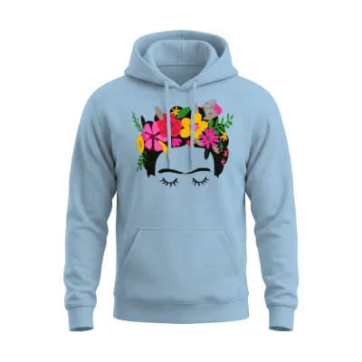Frida Kahlo Illustration Floral Boho Style Mexican Unisex Hoodie - Light Blue
