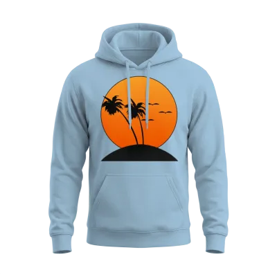 Sunset with Palm Trees Retro Unisex Hoodie - Light Blue