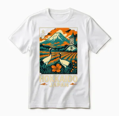 Hokkaido Japan Vintage Travel Mountain Cranes Art Unisex T-Shirt - White