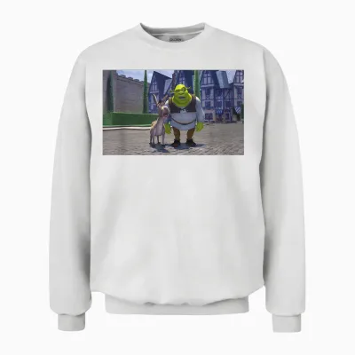 Shrek Iconic Donkey & Shrek Photo Scene Big Chest Poster T-Shirt, Black Unisex Sweatshirt - White