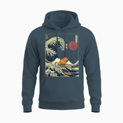 Capybara Japanese Kanagawa Wave Funny Surf Animal T-Shirt, Black Unisex Hoodie - Dark Heather