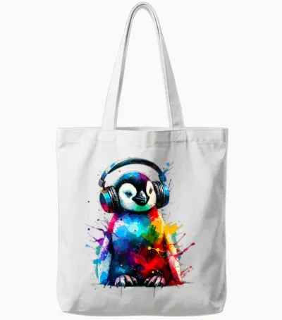 Colorful Splash Art Penguin Headphones Penguins T-Shirt, Black Tote Bags - White