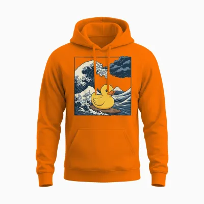 Japanese Surf Rubber Duck Big Wave Anime Unisex Hoodie - Safety Orange