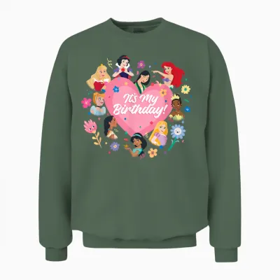 Disney Princess Pink Heart and Flowers It's My Birthday T-Shirt, Black, S Unisex Sweatshirt - Military Green