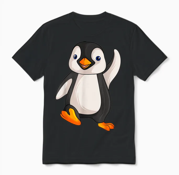 Süße Pinguin Liebhaber Geschenke Damen Kinder Unisex Penguin T-Shirt Grau Small Cartoon Pinguin Design Klassisch Cartoon Pinguin Pull-On Reguläre Passform Kurzarm Weihnachten Geburtstag Unisex T-Shirt in Black