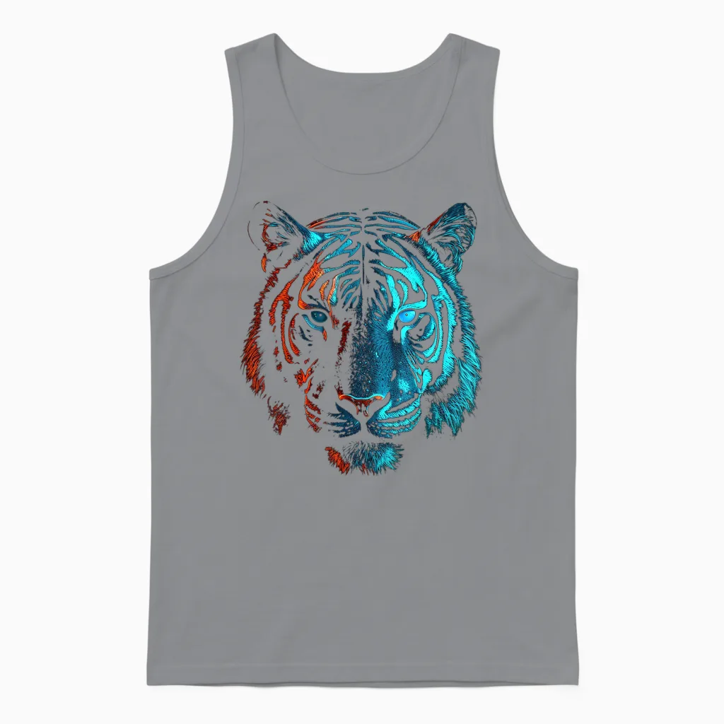 Tiger in Red and Blue - Animal Art Tiger T-Shirt, Black Unisex Tank Top in Sport Grey