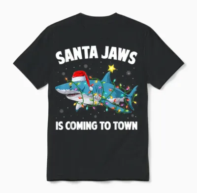 Santa Jaws Shark Christmas Lights Merry Sharkmas Xmas Boys Unisex T-Shirt - Black