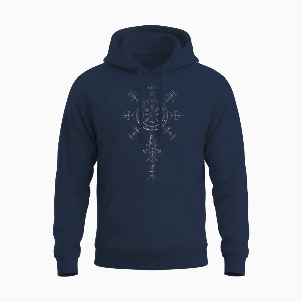 Retro Viking Symbol Compass Vegvisir Nordic Rune Celtic Unisex Hoodie in Navy