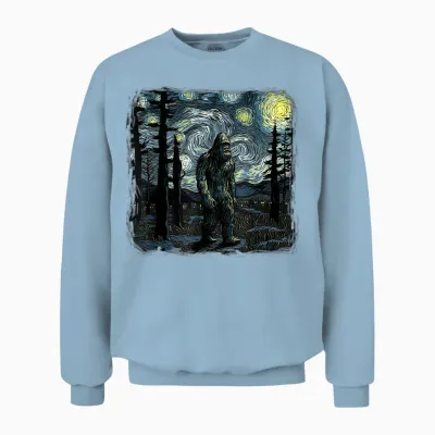 Bigfoot Starry Night Sasquatch Van Gogh Sky Painting Art Unisex Sweatshirt - Light Blue