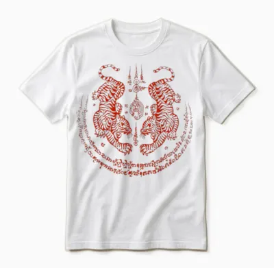 Sak Yant Tatouage Yantra Tigres Jumeaux Bangkok Thaïlande Unisex T-Shirt - White