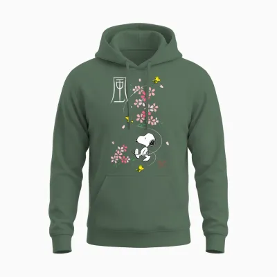 Peanuts Snoopy & Woodstock Japanese Cherry Blossoms T-Shirt, Blue, S Unisex Hoodie - Military Green