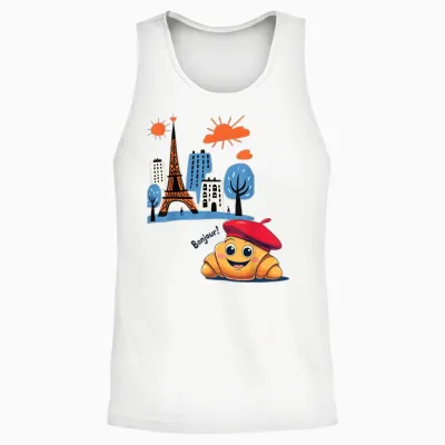 Paris France Crescent with Beret Hello in French Tower Unisex Tank Top - White