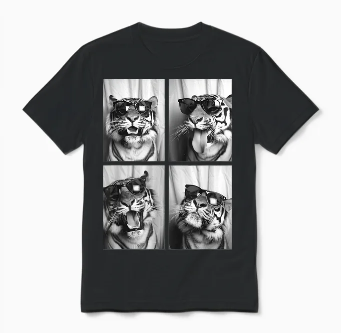 Cute Tigers with Sunglasses Cool Feline Animals Photo Booth Unisex T-Shirt in Black