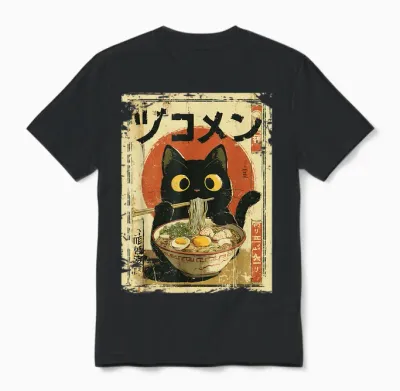 Kawaii Cat Eating Noodles Ramen Funny Vintage Anime Japanese Unisex T-Shirt - Black
