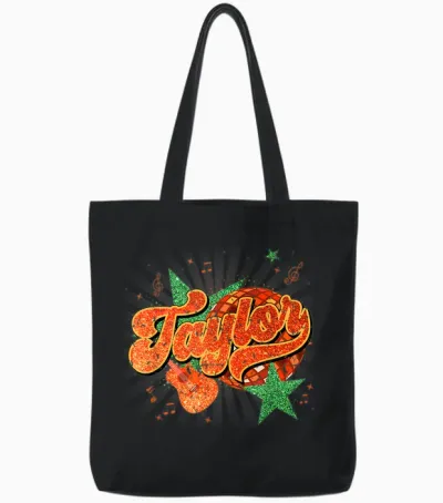 Girl Retro Taylor First Name Personalized Groovy 80's Tote Bags - Black