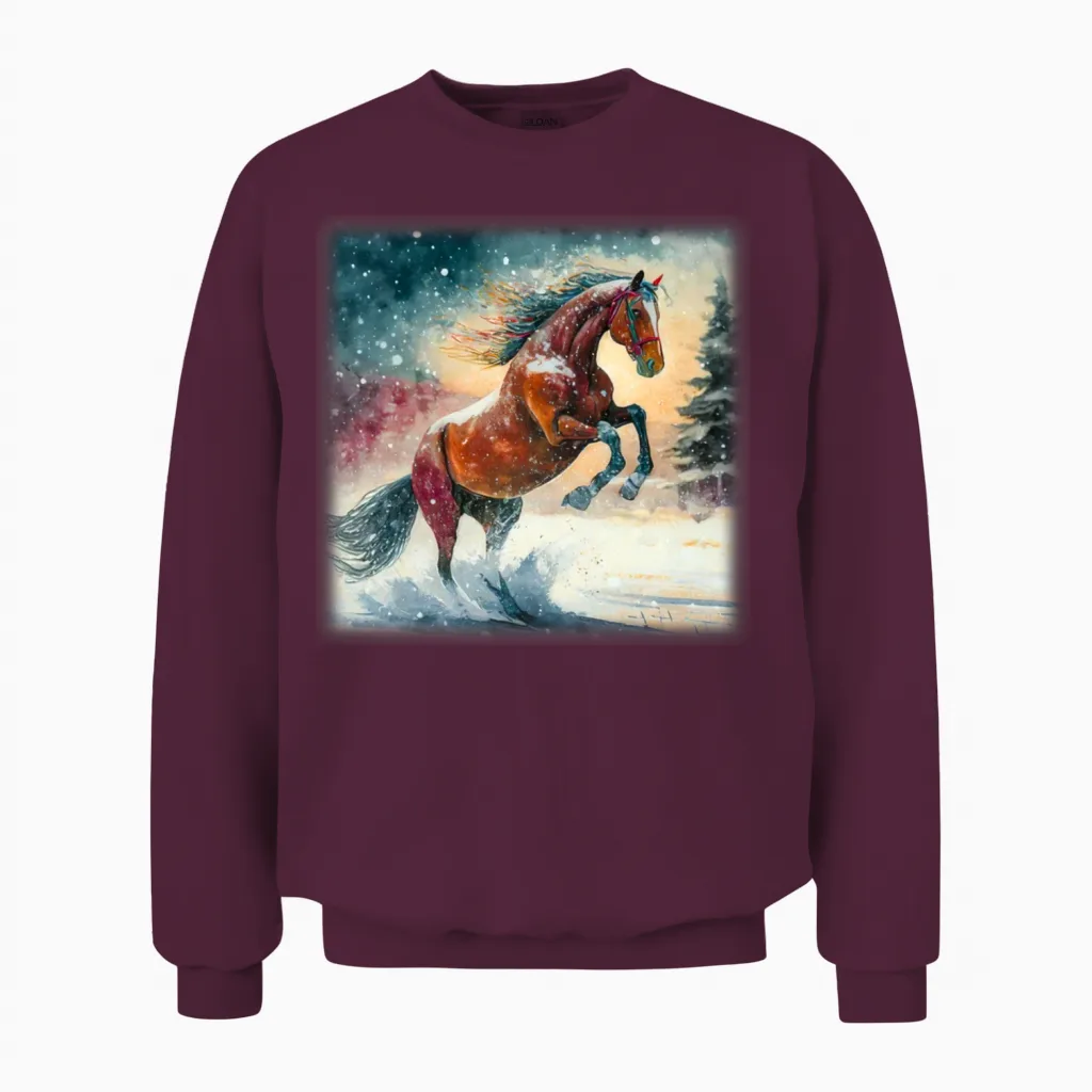 Horse in Snow Lovers Gift Unisex Sweatshirt in Maroon