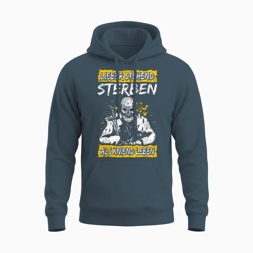 Lieber Stehend Sterben Als Kniend Leben Tattoo Deutschrock Unisex Hoodie in Dark Heather