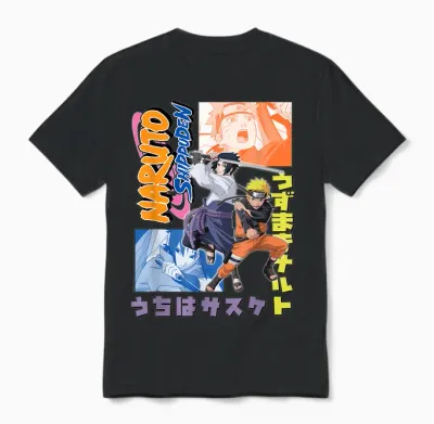 Naruto Shippuden Naruto Sasuke Kanji Collage Anime Unisex T-Shirt - Black