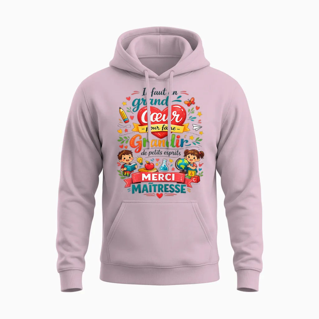 Cadeau Maîtresse D'école Fin D'année Merci Cœur Enseignante Unisex Hoodie in Light Pink