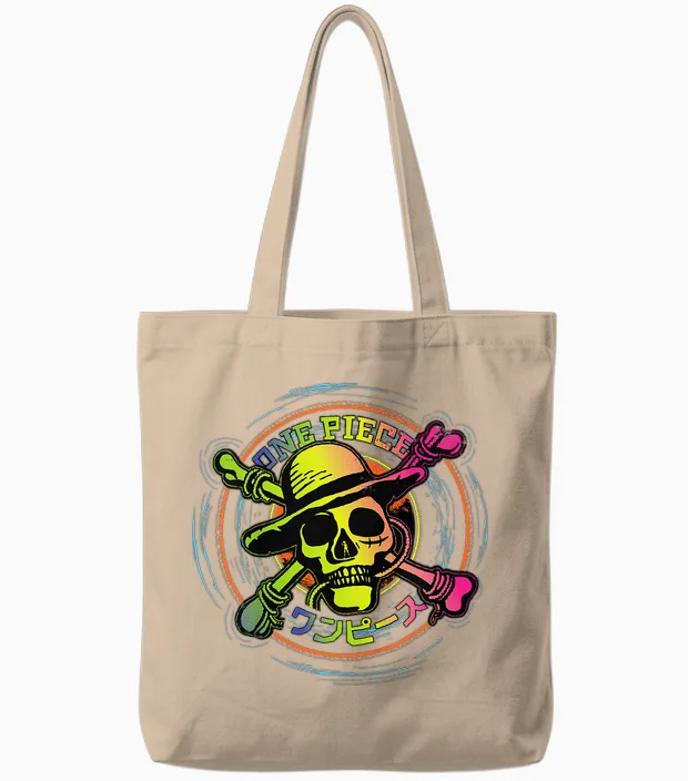 Children's One Piece Anime Straw Hat Pirates Color Logo Kanji Kids T-Shirt, Black, 2 Tote Bags in Natural
