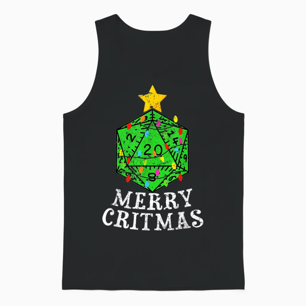 Merry Critmas D20 Rpg Christmas Tree Rpg Gamer Gaming Xmas Unisex Tank Top in Black