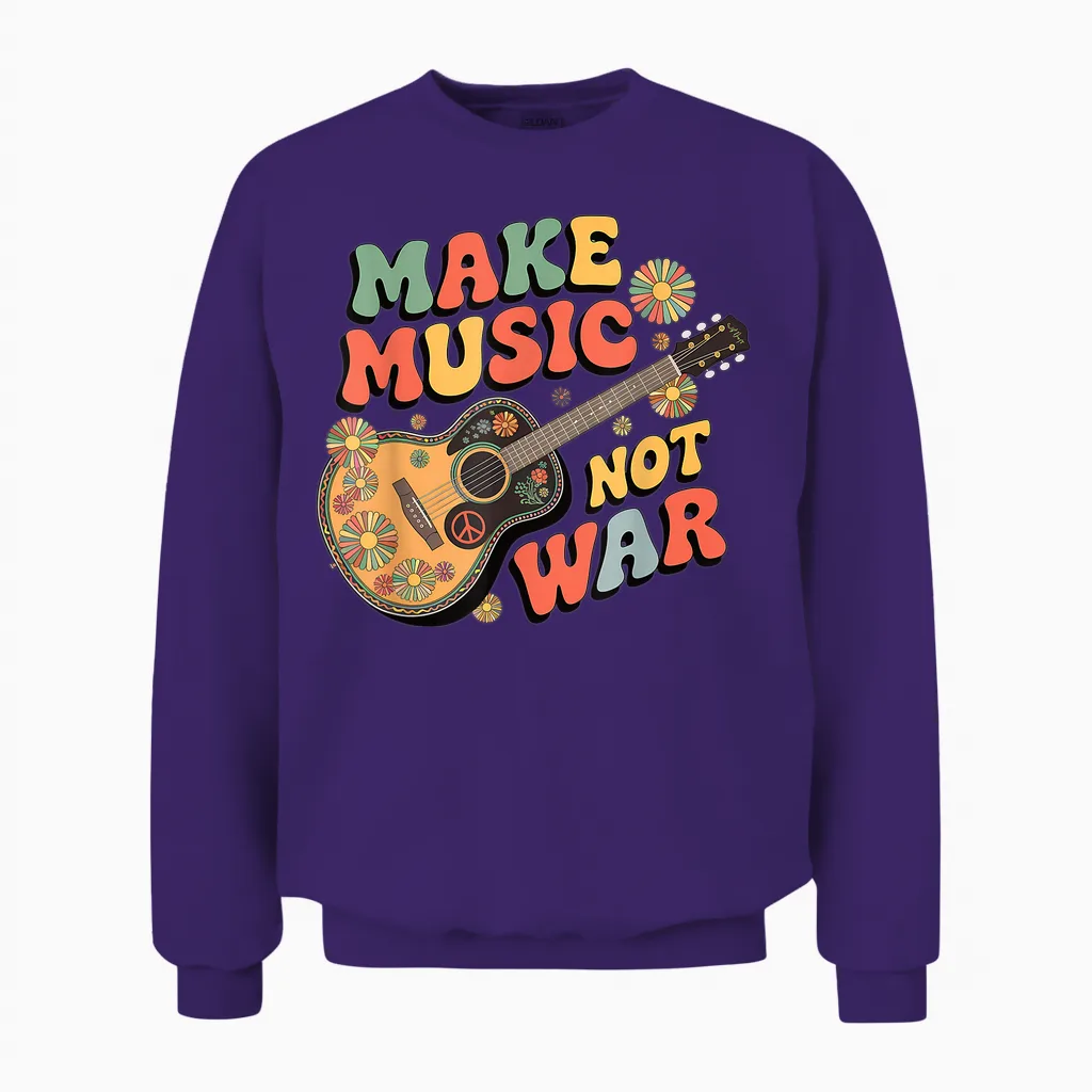 "make Music Not War" Retro Boho Gitarre Peace Symbol Groovy Unisex Sweatshirt in Purple