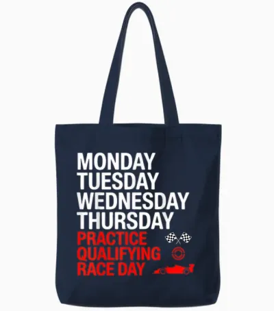 Monday Tuesday Wednesday Thursday Practice Qualifying Race T-Shirt, Black, S Tote Bags - Navy