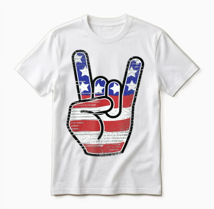 Rock N Roll Usa Flag Horns Sign Retro Band Unisex T-Shirt in White
