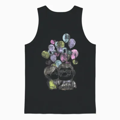 Portrait of Carl and Ellie with Heart Balloons Disney Pixar Up T-Shirt, White, S Unisex Tank Top - Black